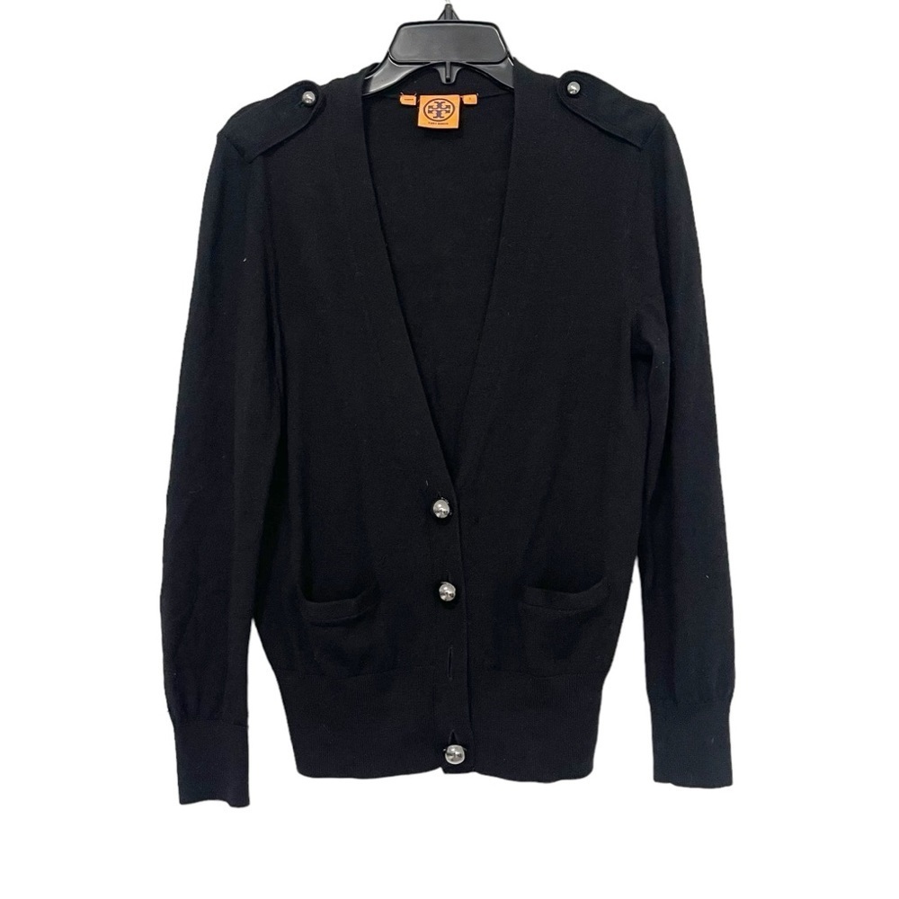 Tory Burch Flawed Black Merino Wool Button Up Cardigan Size Small